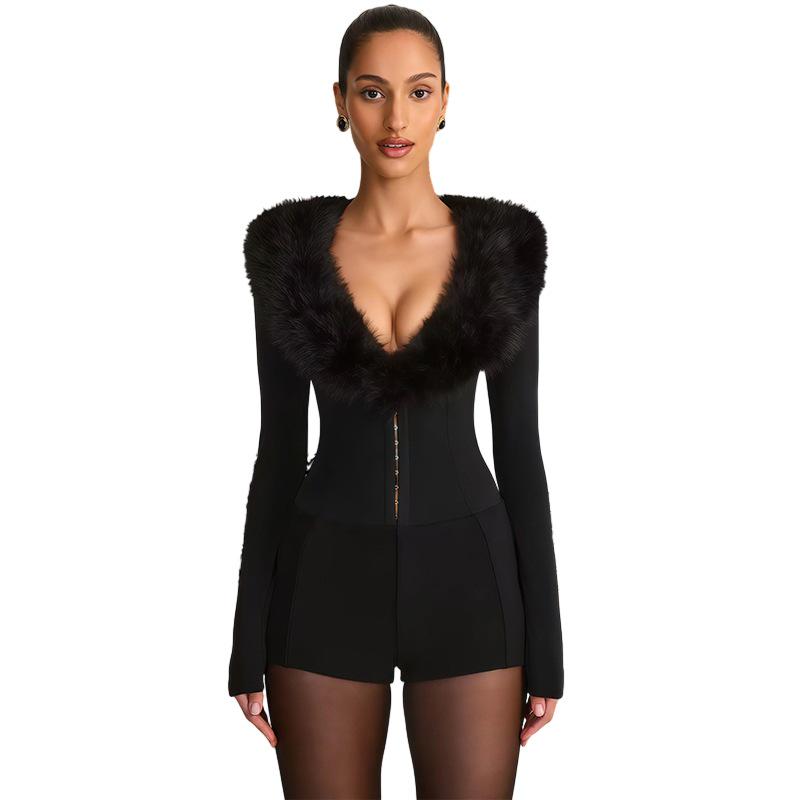 

European Hot Selling Women s Fashion Slim-Fit Fur Collar Long Sleeve Evening Jumpsuit Extra Large чёрный