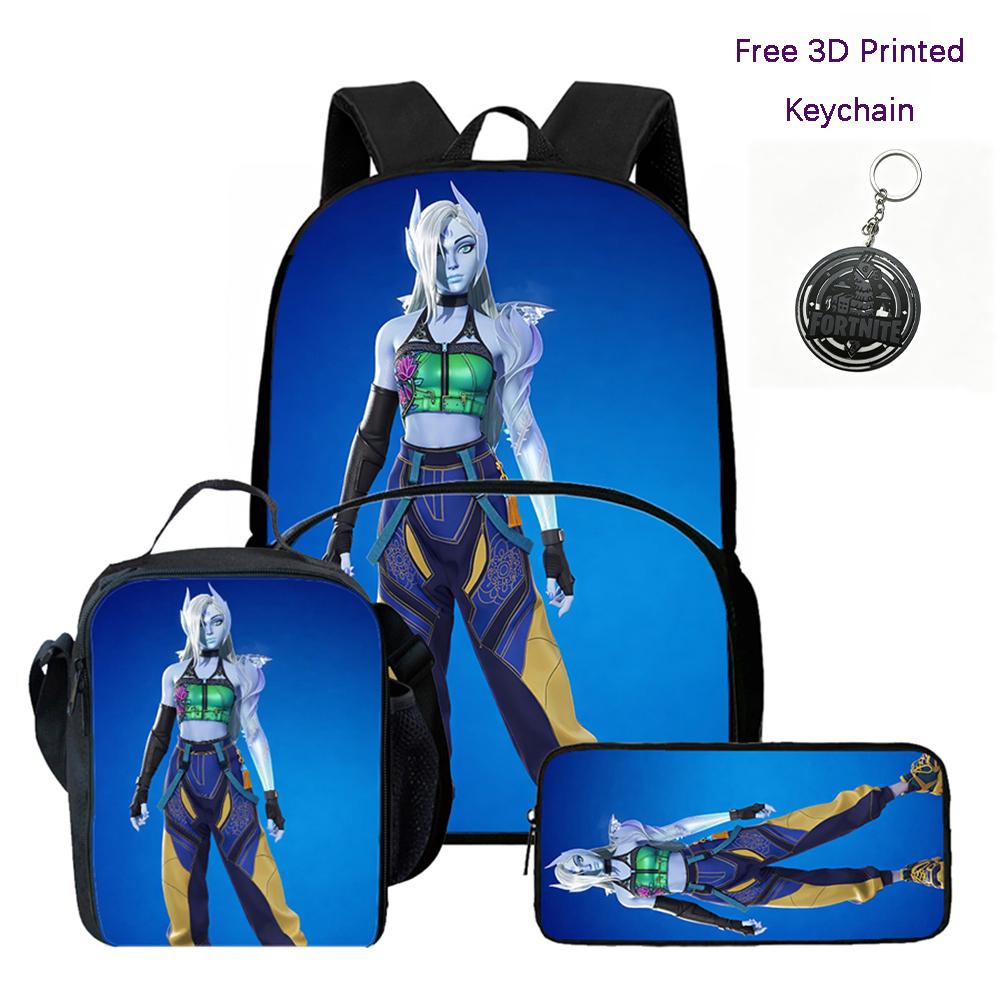 FORTNITE 3Pcs School Kit Lightweight Backpack Front Pocket Lunch Pouch Pencil Bag For Kids Age 6-10,Free 3D Printed Keychain