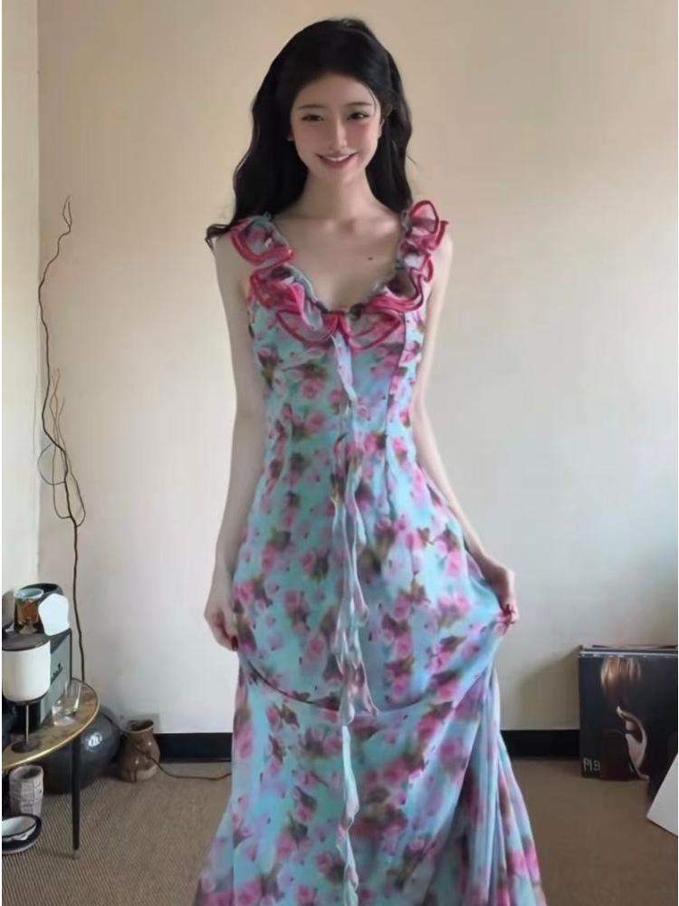 Women s Summer Yellow Floral French Collar Waist-Cinching Slim-Fit Dress Medium розовый