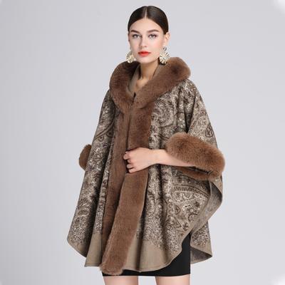 Winter Women's Shawl Cape Fur Collar Jacquard Hooded Large Size Seven-point Sleeves Tweed Jacket Cardigan