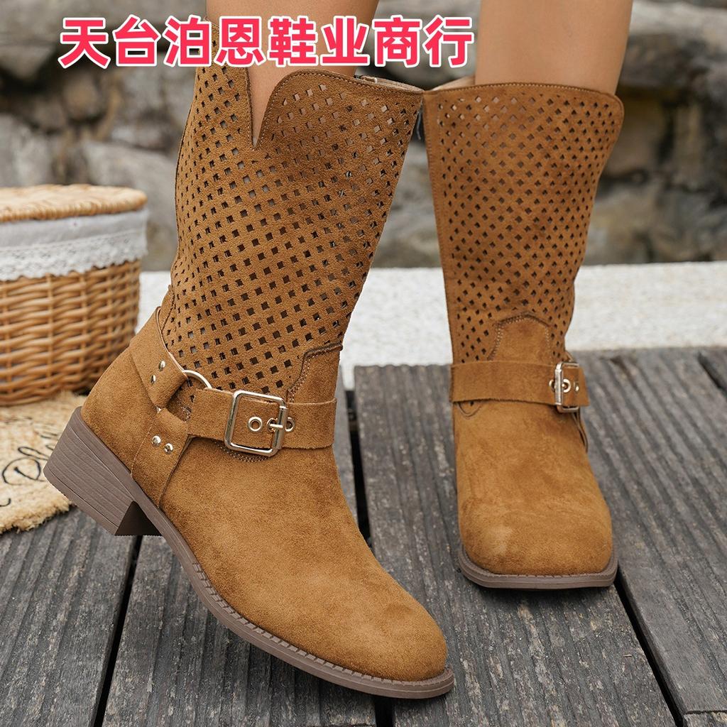Women Mid-Calf Boots Retro Ethnic Style Summer Cool Boots Breathable Hollow Out Mesh Boot Classic Western Cowboy Boots for Women