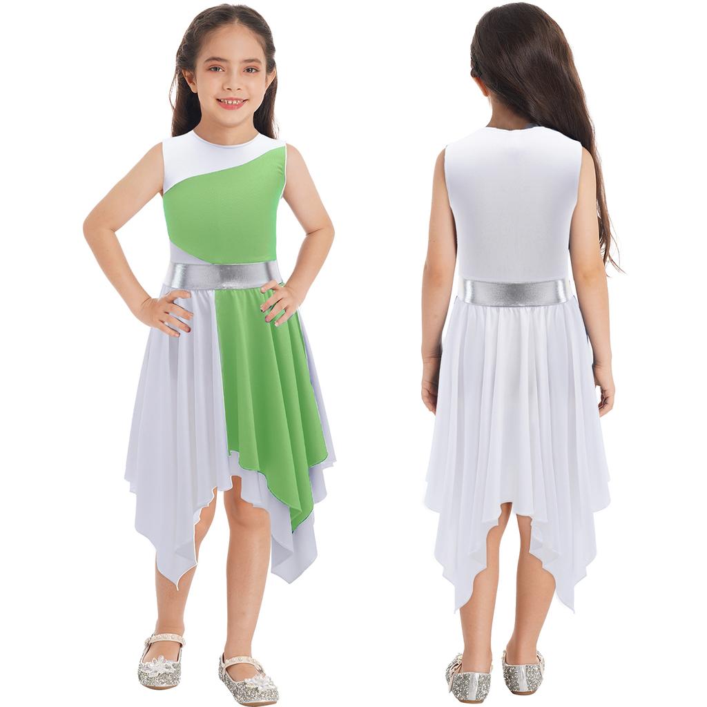 Kids Girls Sleeveless Lyrical Dance Costumes Contrast Color Asymmetrical Figure Skating Ballet Dress