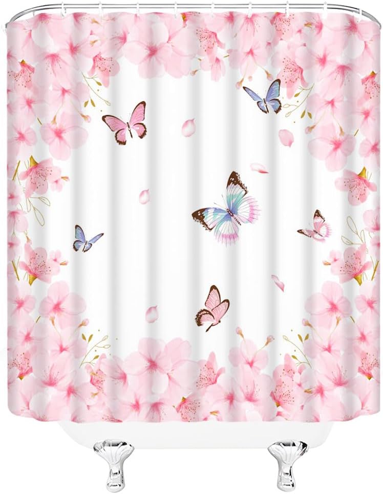Spring Pink Floral Shower Curtain Cherry Blossoms Butterfly Asian Elegant Flower Valentine's Day Women Girl Charming Romantic