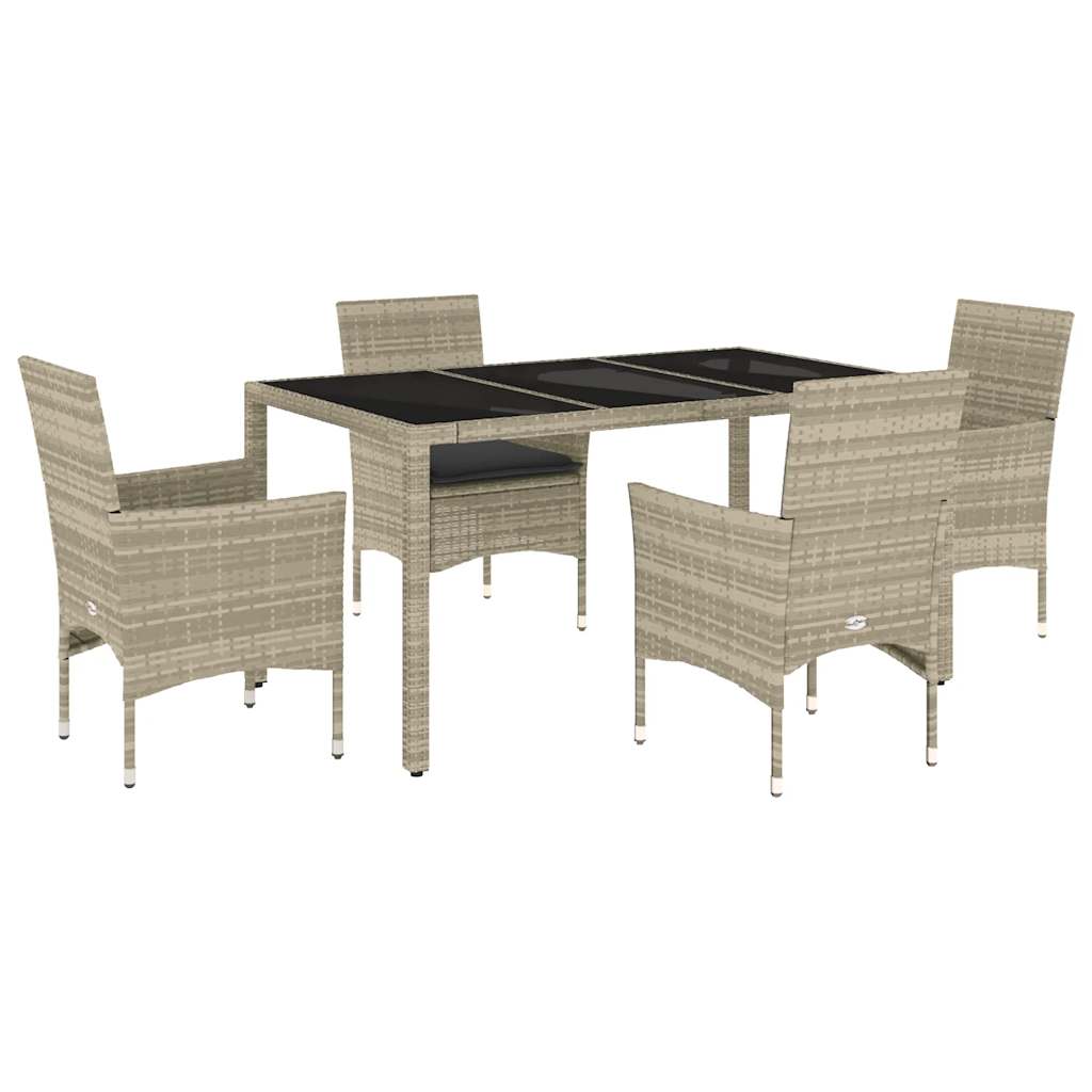 5 Piece Outdoor Dining Set with Cushions Light Grey Poly Rattan Glass Table