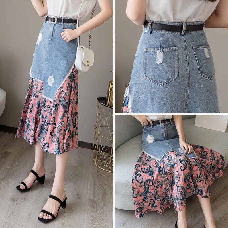 Floral Skirts Womens Medieval Pleated Long Goth Skirt A-LINE Irregular Denim Spliced Chiffon Jean Beach Maxi Skirt Y2k Summer