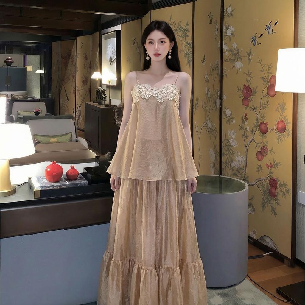Summer New New Chinese Style Light Luxury High Sense Retro Suspender + Skirt Fashion Suit Female P1111