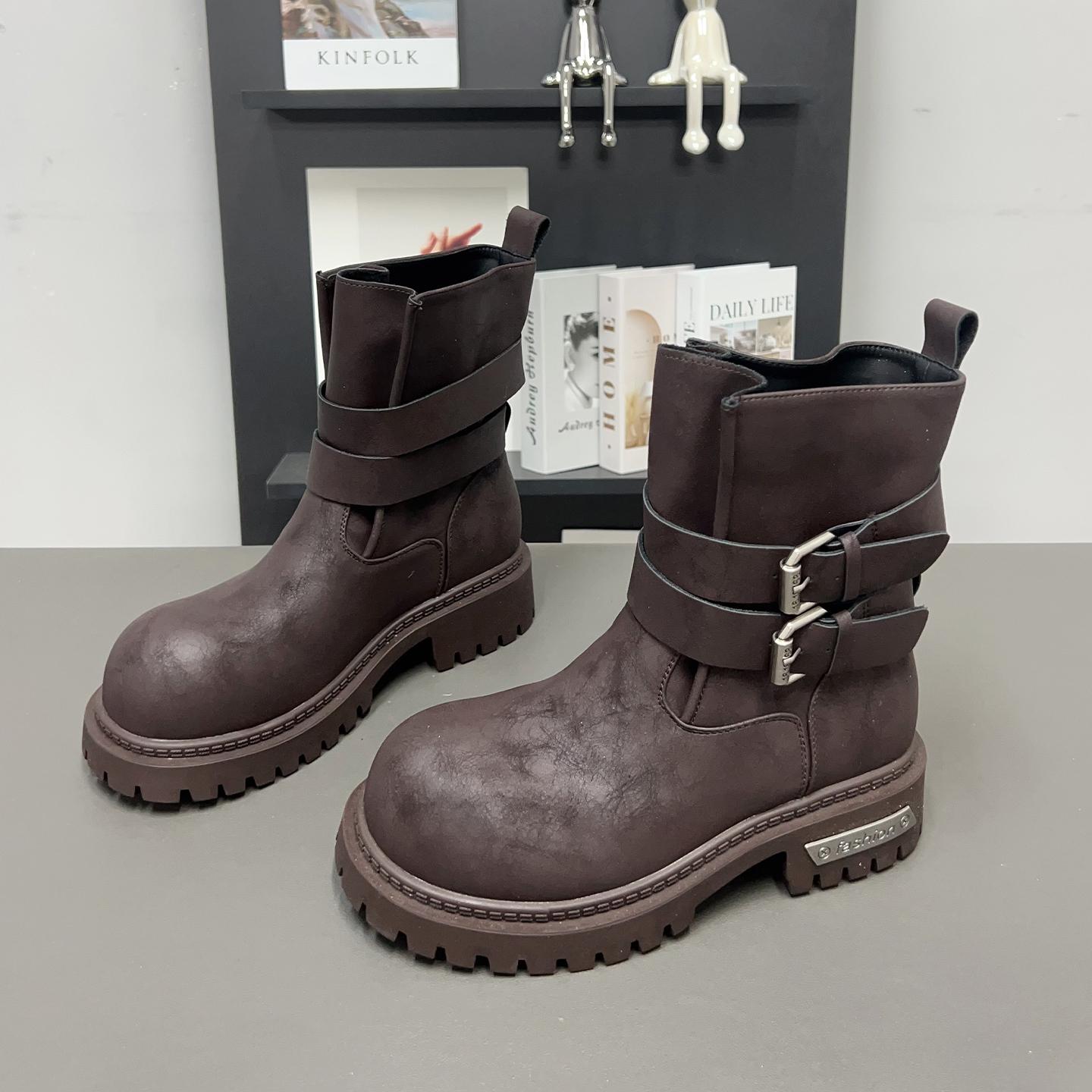 Thick-soled heightening locomotive Martin boots women s autumn new leather retro mid-tube western knight boots 35