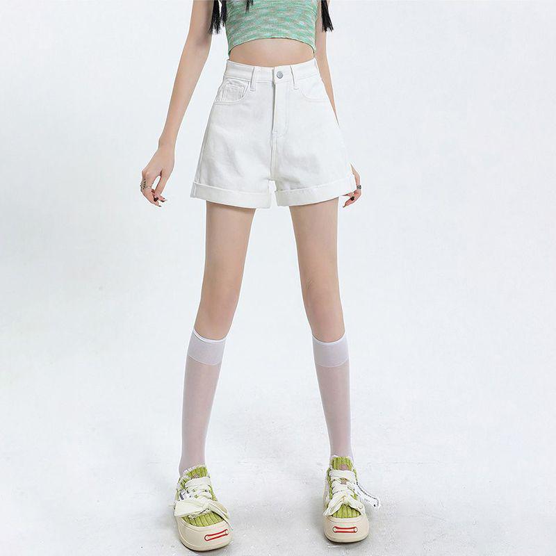 2025 Spring/Summer Women's High-Waisted A-Line Black Denim Shorts: Loose, Slimming, Wide-Leg, Rolled Hem Style
