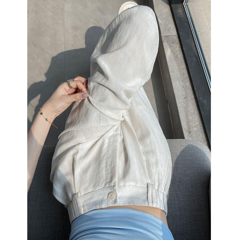 Women's Tencel Linen Wide-Leg Pants - Summer Ice Silk Cotton Blend, High Waist, Slimming, Floor Length, Loose Fit.