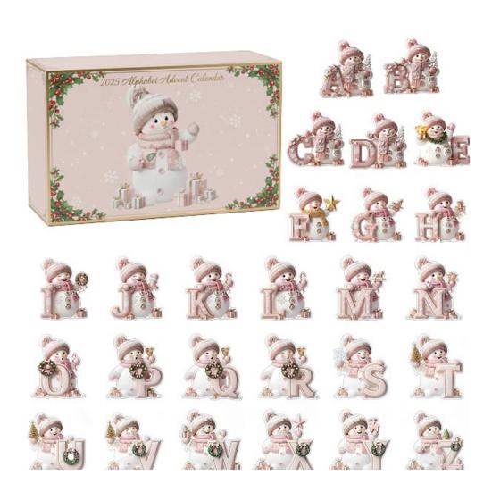 2025 Alphabet Snowman Advent Calendar 26 Days Christmas Countdown Calendar with A To Z Letters 2D Acrylic Pink Pendants Set for Winter Tree Decor
