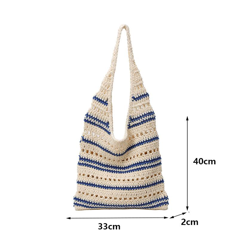 Chic Blue & White Striped Knit Crochet Shoulder Bag Versatile Large Capacity Hollow Out Casual Tote for Women Summer Beach Vacations AVE