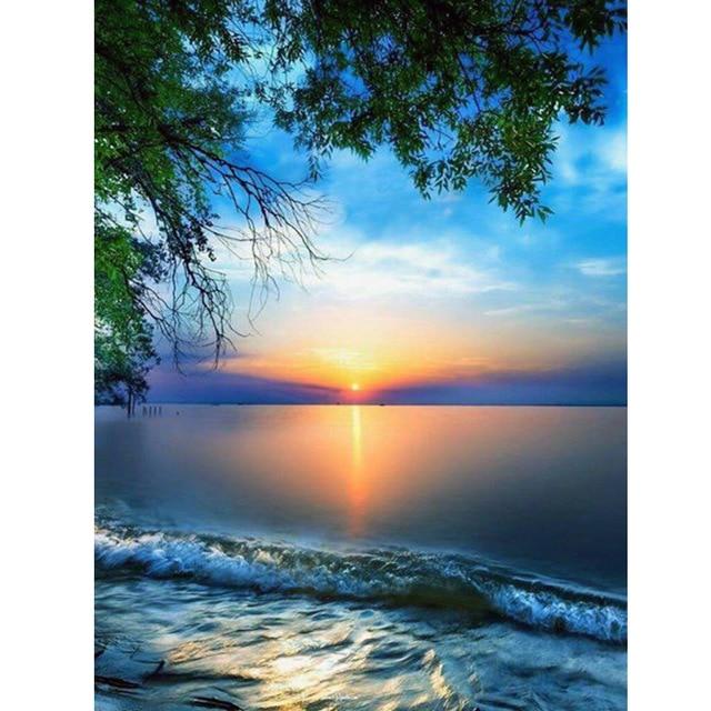 DIY 5D Diamond Painting Cross Stitch Sea Scenery House Full Round Drill Landscape Diamond Embroidery Mosaic Art Home Decor Gift