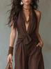 2026 Women's Sleeveless Halter Lace-Up Cinched Waist Wide-Leg Jumpsuit