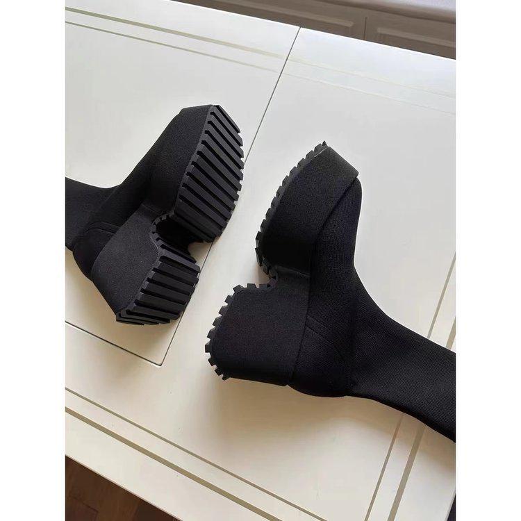 Women's 2023 Chunky Heel Knit Mid-Calf Boots, Plus Size, High Heel, Dual-Wear, Elastic Wool Cotton.