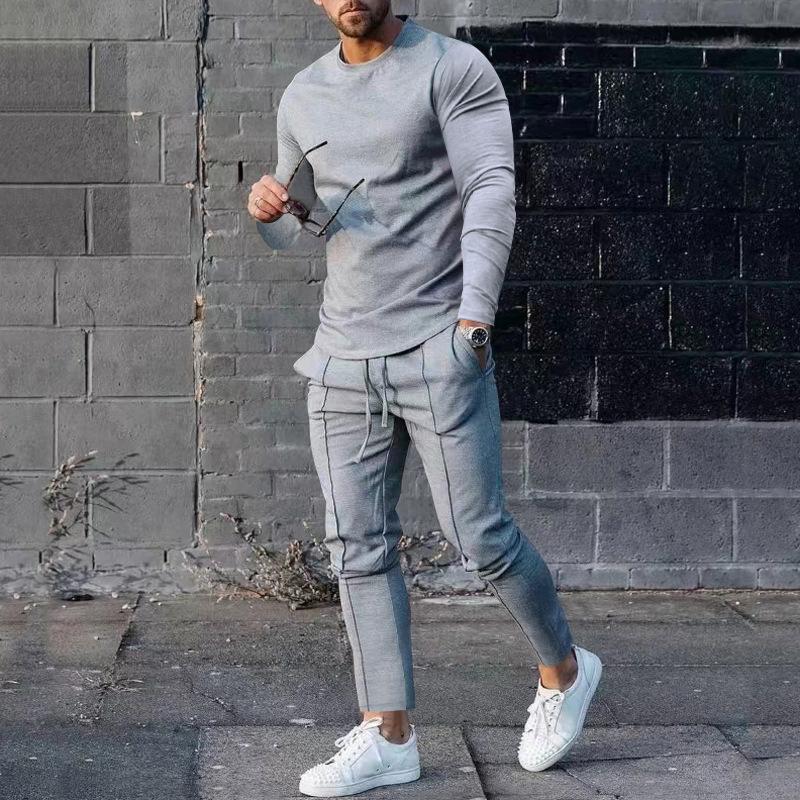 Casual And Comfortable Spring And Autumn Men'S Solid Color Casual T-Shirt Long Sleeved Shirt Long Pants Set Sportswear Hoodie Two-Piece Set