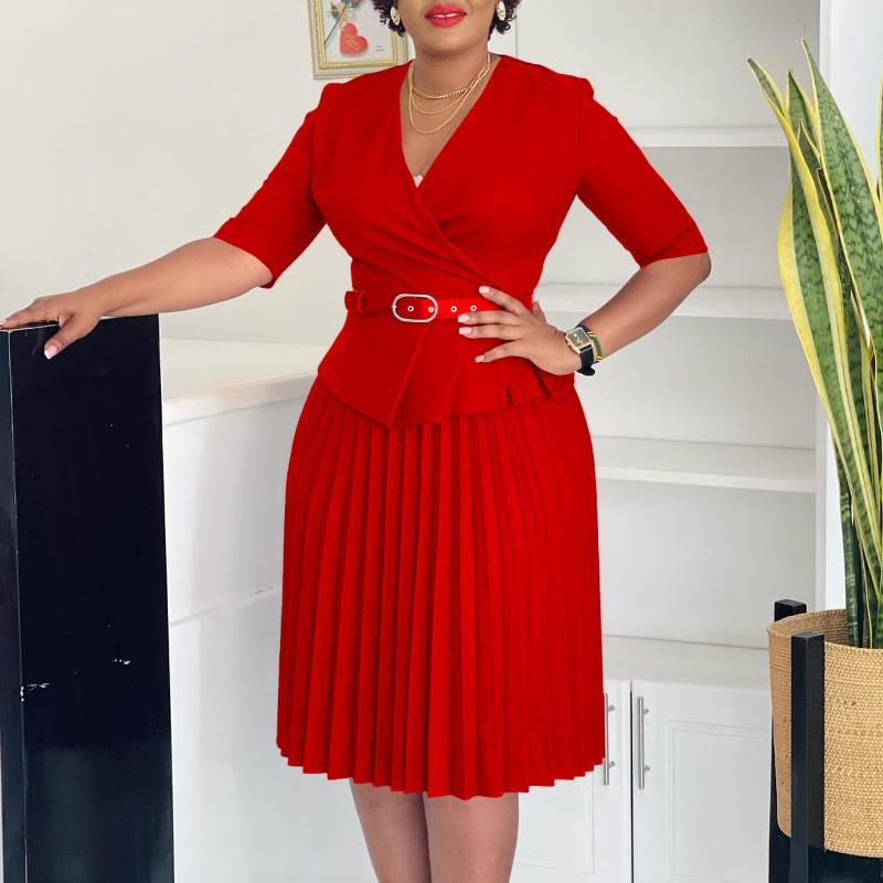 Women's new fashion plus size temperament Tongle V-neck pleated African dress