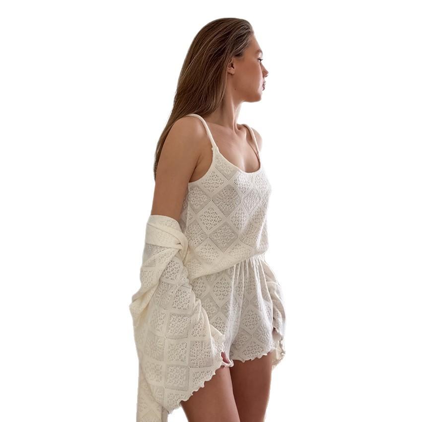 European and American new knitted hollow jacquard sling vest fungus edge shorts two-piece set pajamas loungewear women