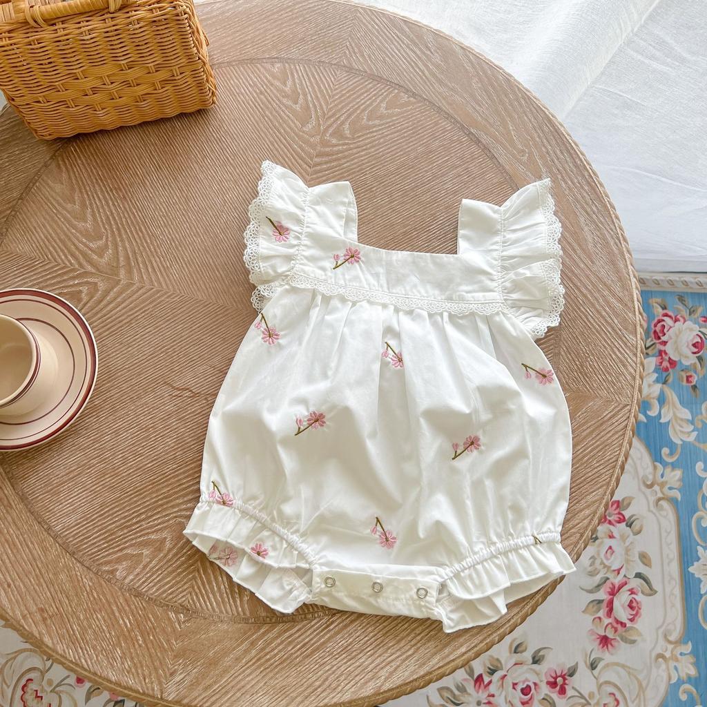 Summer Baby Romper Cotton Short Sleeve Square Neck Embroidered Onesie