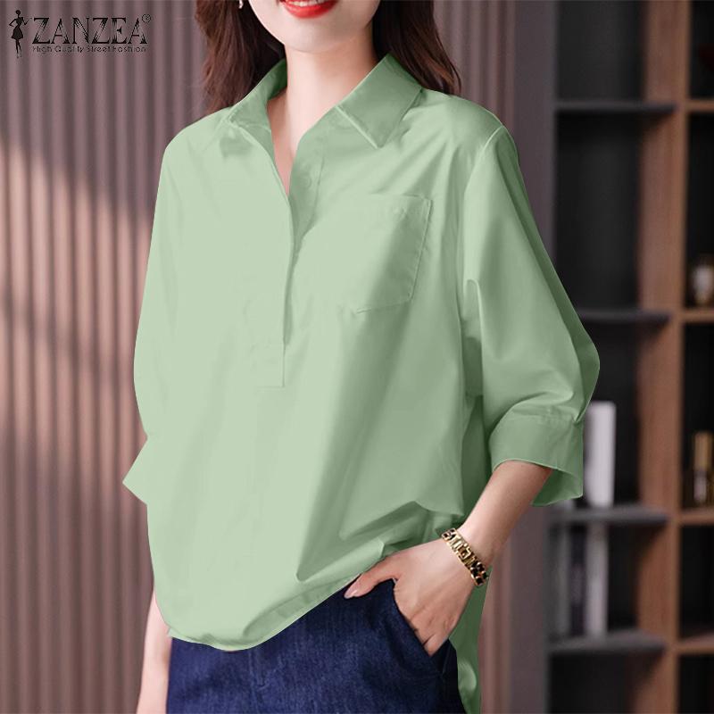 ZANZEA Bluzka damska z kołnierzykiem typu „turn down” i luźnym rękawem 3/4 w jednolitym kolorze