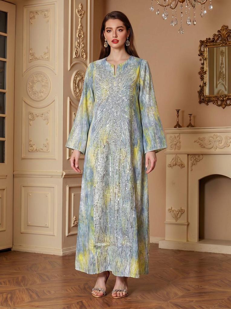 Elegant Sequin Printed Abaya: Fashionable Long Islamic Dress for Women