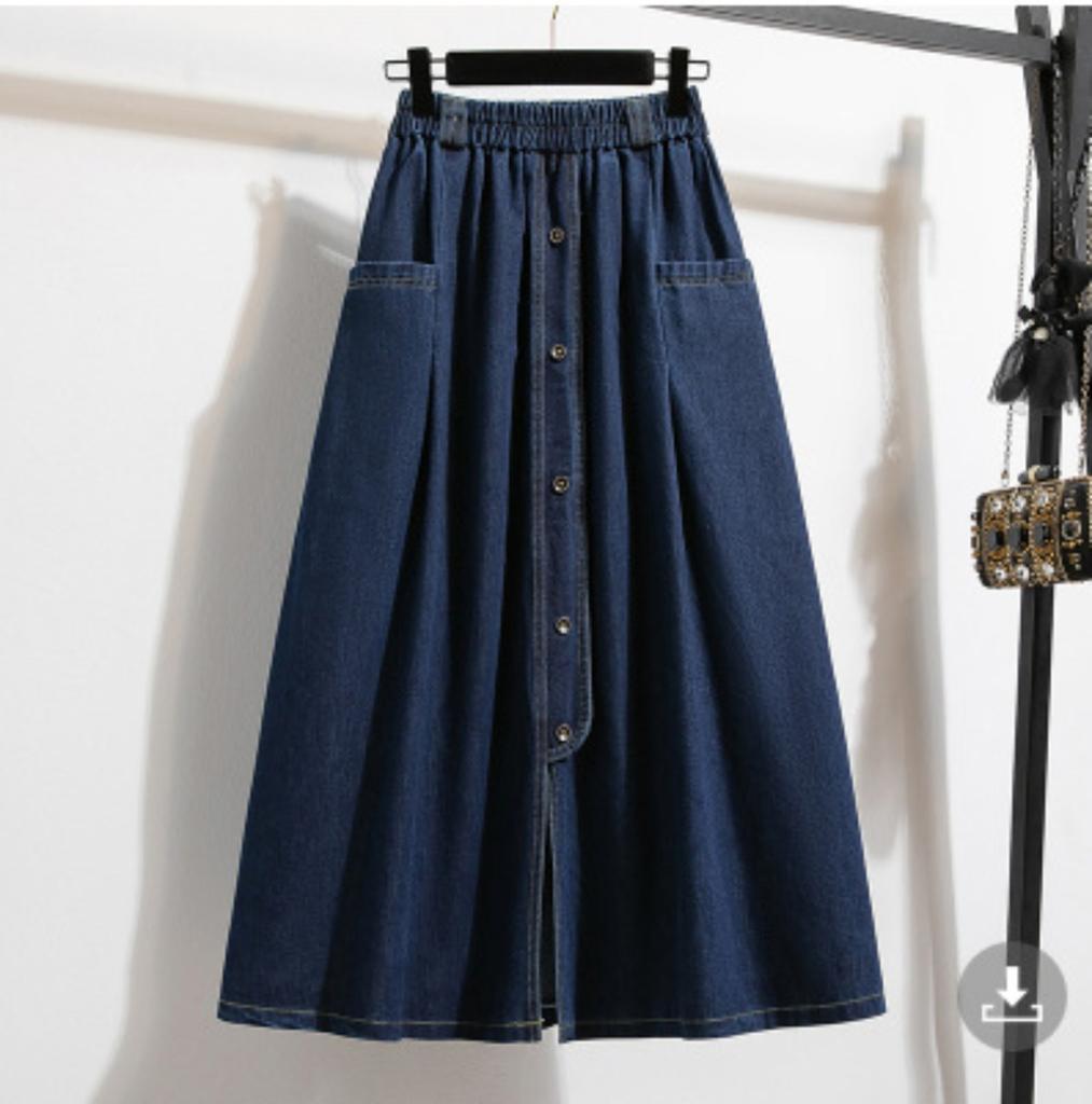 Large Size Denim Bustier Skirt Female High Waisted Buckle Large Skirt Hem Thin Small A-line Skirt