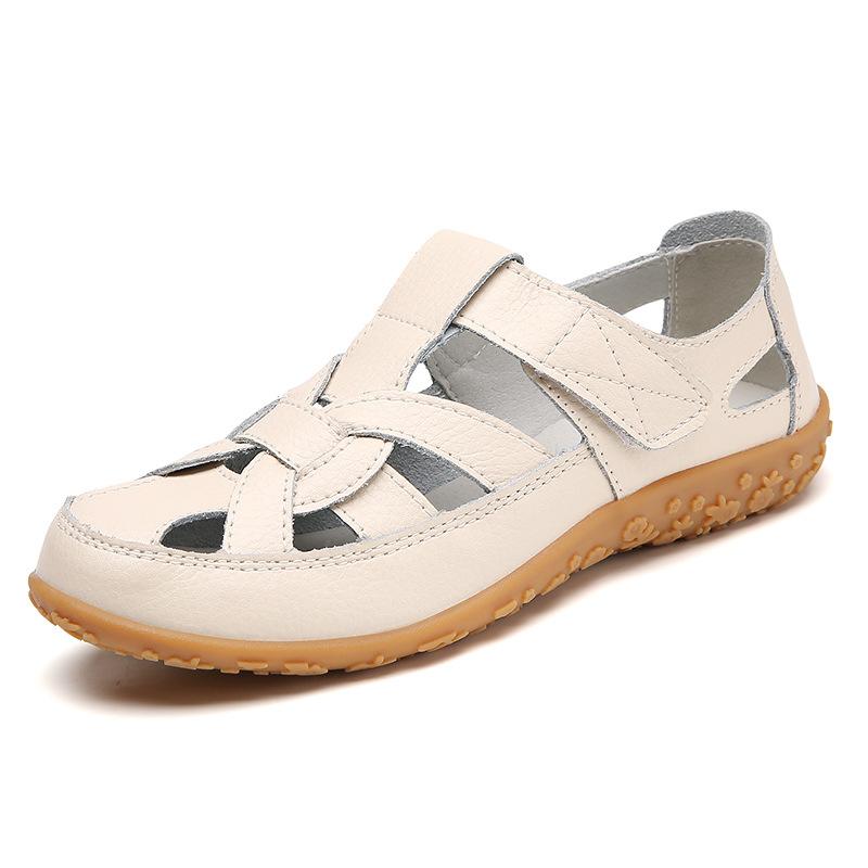 Leather Cross-woven Comfortable Baotou Sandals with Velcro Flats Women's Sandals