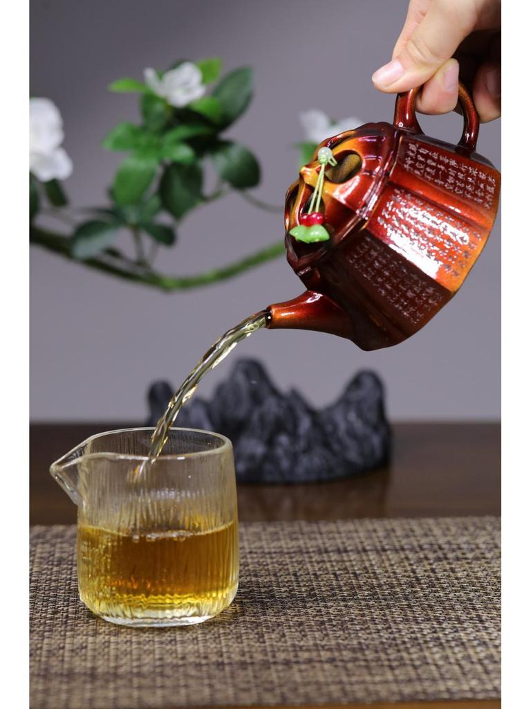 Handmade Yixing Purple Clay Six-sided Kung Fu Tea Set with Antique Copper Shell-fired Finish