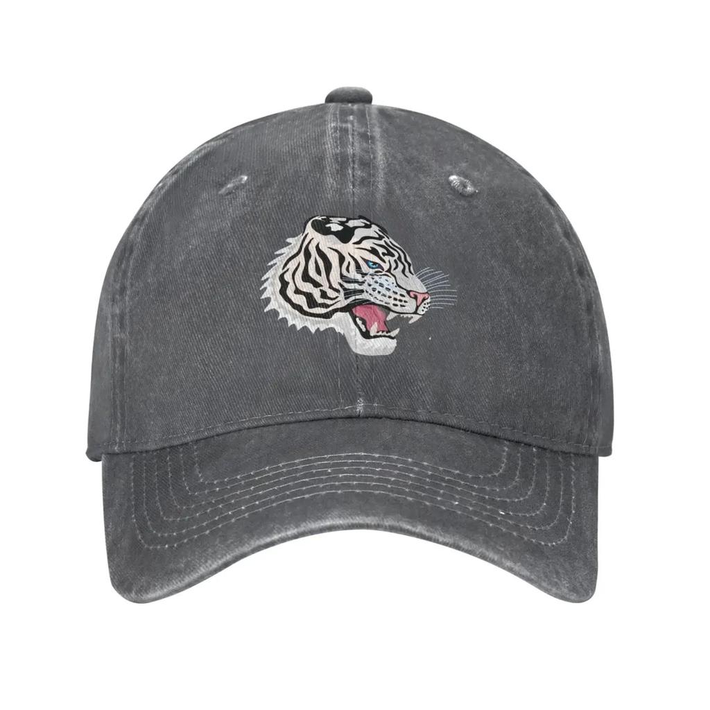 White Tiger Face Adjustable Washed Denim Low Profile Dad Trucker Hat Black Fitted Baseball Ball Cap for Men Unisex Headwear