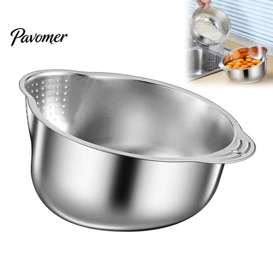 Rust Proof Food Strainer 304 Stainless Steel Colander with Side Drainage Holes, 3-in-1 Kitchen Bowl for Washing Rice Vegetables Fruits, Large Capacity