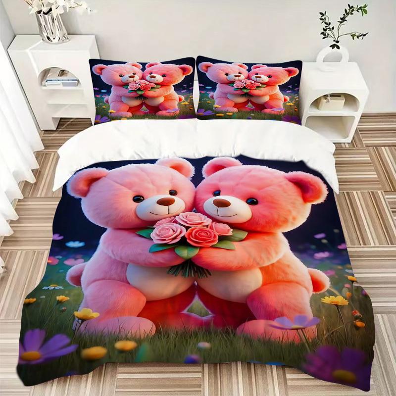 3pcs Pink Teddy Bear Floral Bedding Set - Includes One Quilt Cover and Two Pillowcases (No Core) - Home Decor, Festival Gift, Polyester Fabr