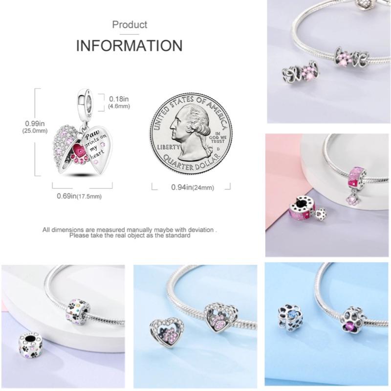 Copper Original Dog Cat Safety Chain Lazy Cat Pink Zircon Pet Paw Print Footprint Charms Fit Bracelet For Women Diy Jewelry
