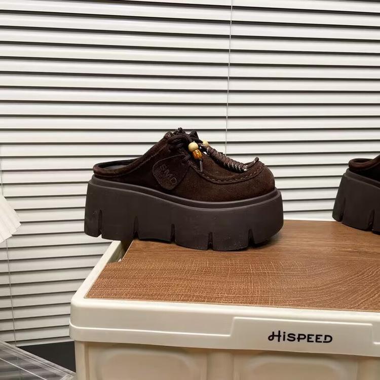 

Версія з м якої шкіри~ 7 см велика голова з бахромою на товстій підошві, туфлі на платформі, жіночі осінні 2025 нові напівшльопанці 38 кавовий