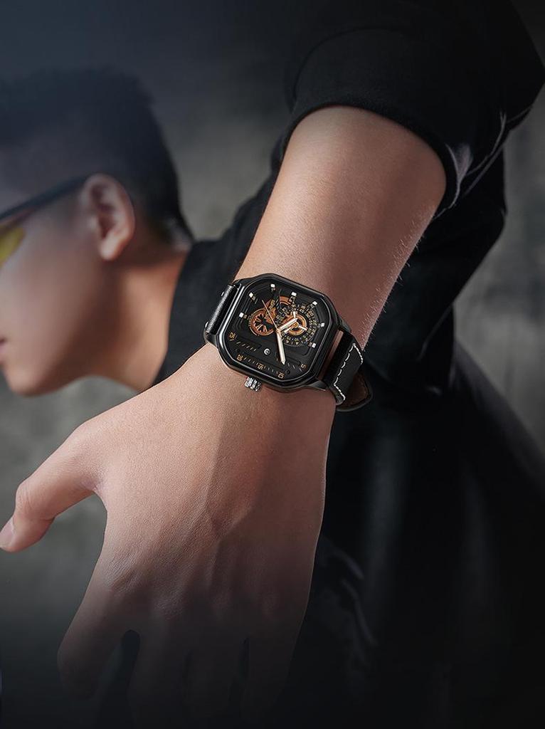 Sanda Men's Alloy Square Watch with Calendar, 30m Waterproof, Leather Strap, Luminous Quartz.
