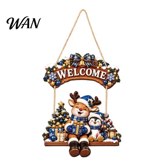 Festive Room Decoration for Holiday Wooden Christmas Welcome Sign, Front Door Hanging Rustic Gift Friends And Family Wall Decor with Elk/Santa