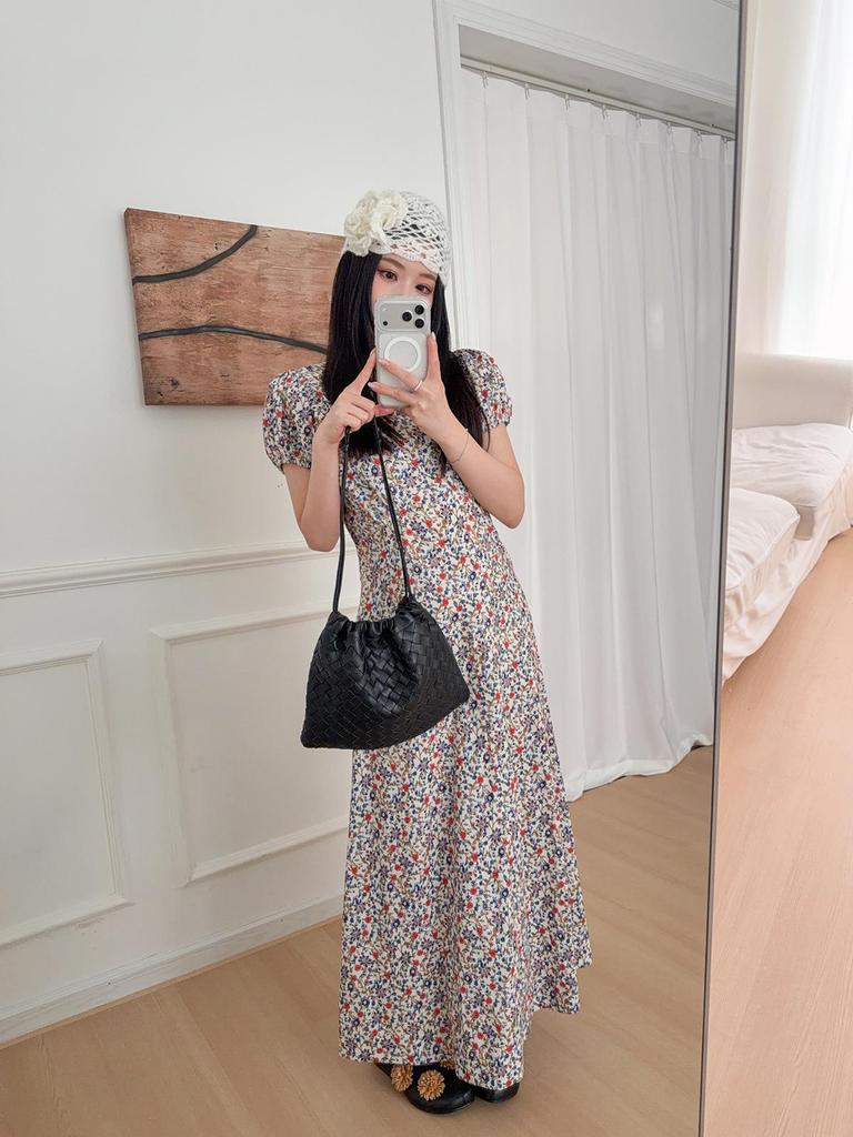 Pastoral Floral Cotton Puff Sleeve Slim Long Dress - Romantic Spring/Summer Women's Wear