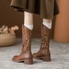 Leather hollow embroidery western cowboy boots women's 2025 new retro wind desert summer boots brown medium boots