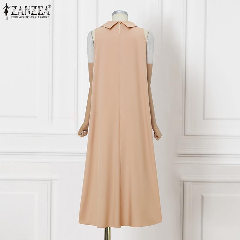 ZANZEA Womens Turn Down Collar Loose Casual Sleeveless Pleated Dress