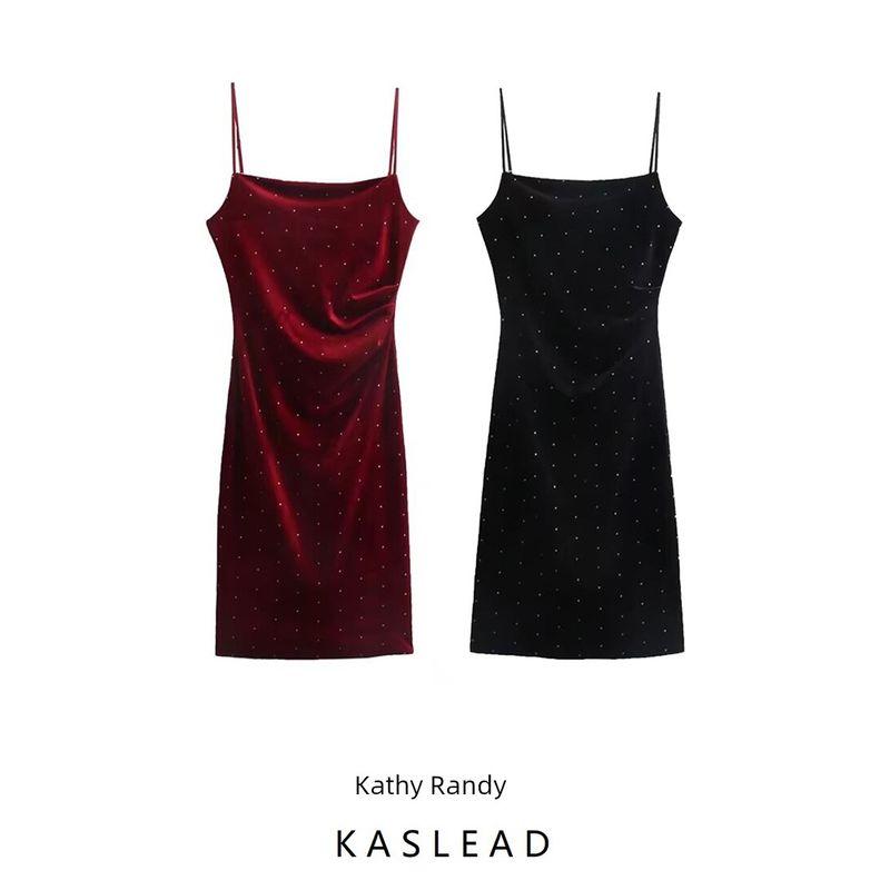Kaslead New Arrival Women's Clothing Fashion Style Fashion Highlight Velvet Ruched Split Suspender Skirt