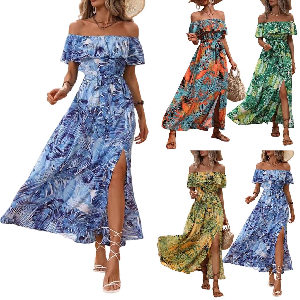 Women's Summer Straight Neck Ruffled Waist Dress