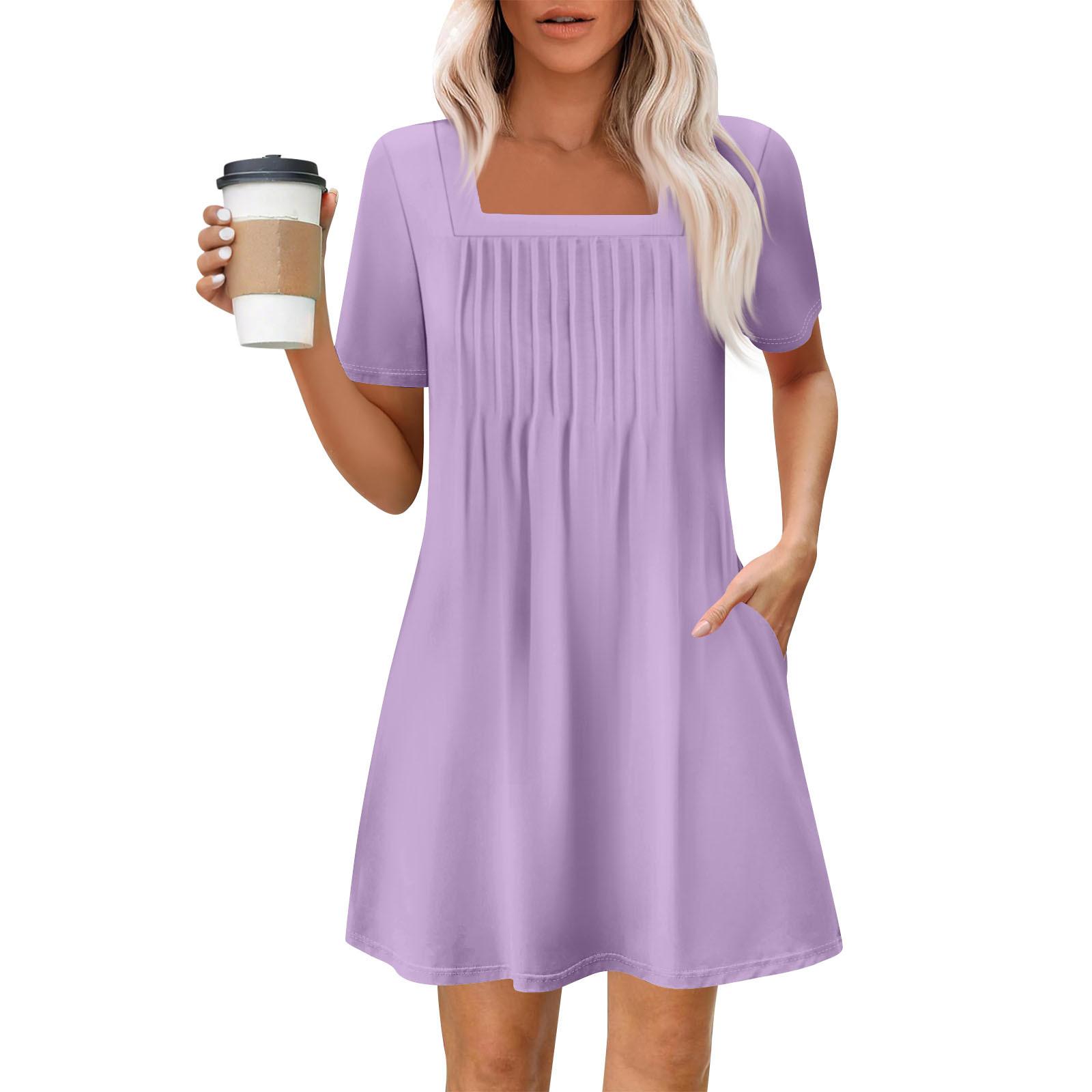 Women s Summer Casual Square Neck Pleated Front With Pocket Printed Short Sleeve Dresses L