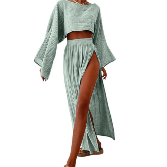 2 Pcs/Set Women Crop Top Skirt Set Long Sleeve Slant Neck Short Top High Waist Split Skirt Solid Color Vacation Beach Bikini Coverup Club Party Top