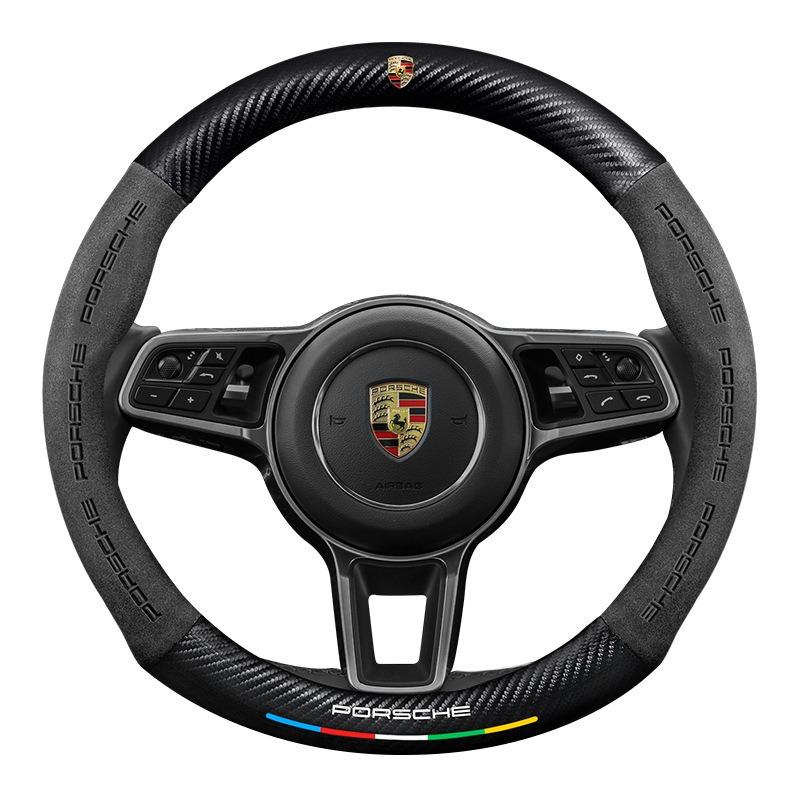 AIHQR1 O Shape Suede Carbon fiber anti-slip Car Steering Wheel Cover For Porsche Cayenne Panamera Macan Boxster Cayman 718 911 Sticker