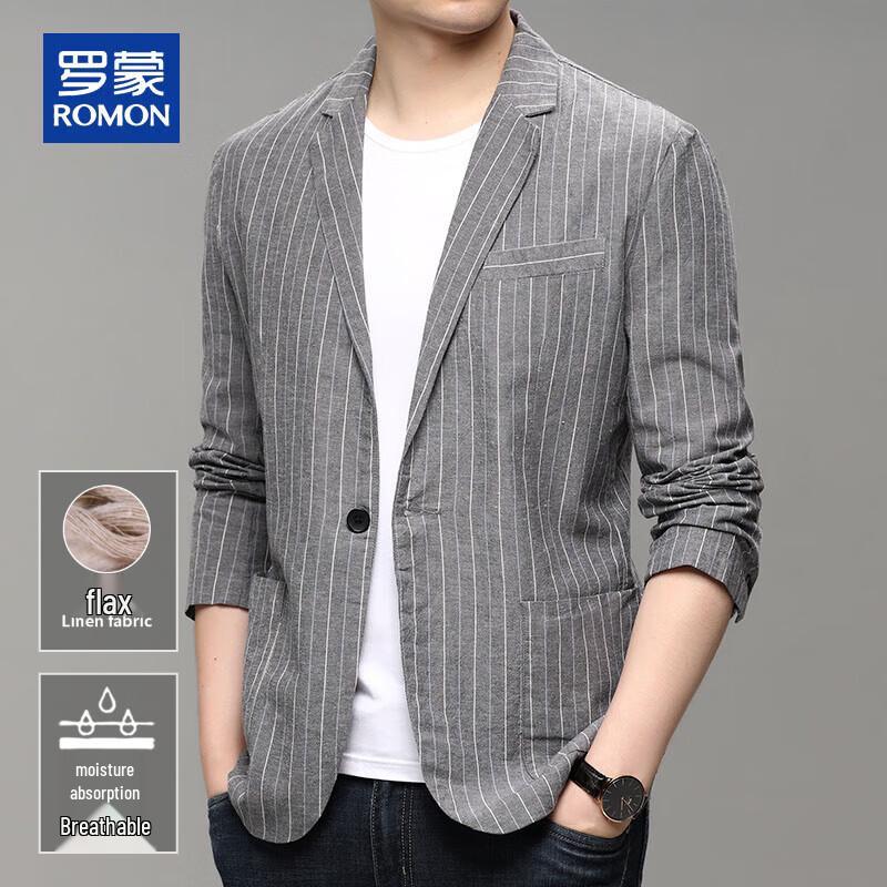 ROMON Men's Spring Autumn Linen Blend Slim Fit Striped Blazer