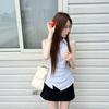 Korean Striped Striped Lapel Vest Women's Summer Diagonal-breasted Pleated Waist Irregular Hem Temperament Top