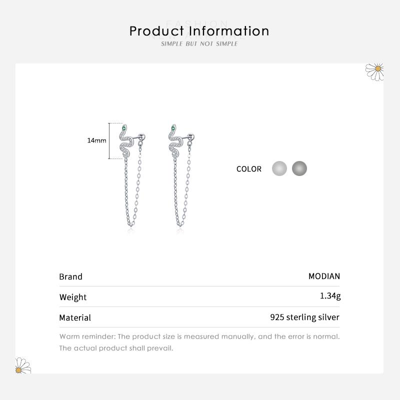 MODIAN Fashion Black Color Snake Stud Earrings 925 Sterling Silver Long Tassel Charm Earrings For Women Hypoallergenic Jewelry