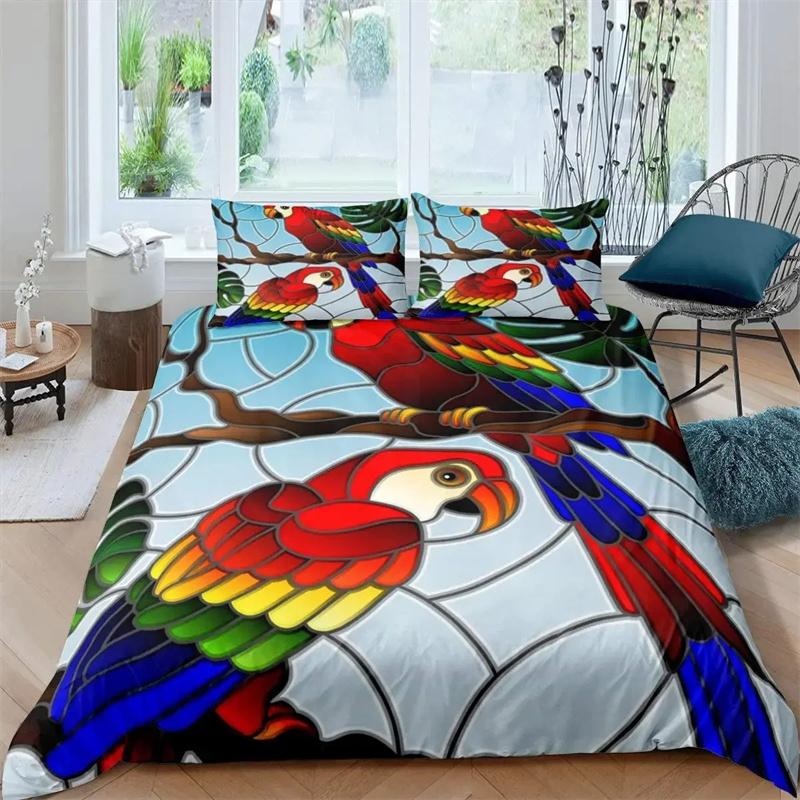 Papagei-Bettbezug-Set, schwarz-weiß gestreiftes Bettwäsche-Set, grüne Pflanze, Palmblätter, Bettbezug, Vogeltier, Polyester-Bettbezug