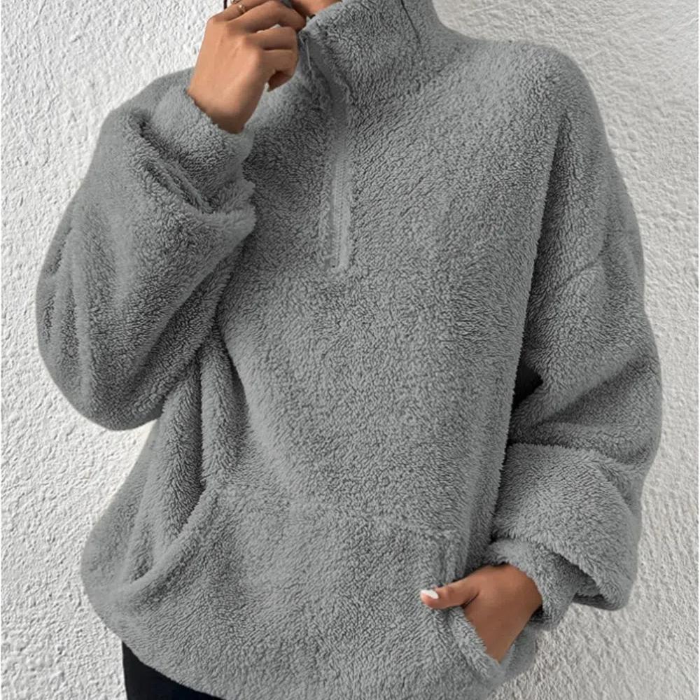 New Women's Plush Lined Stand Collar Sweatshirt, Half Zip Casual Pullover Top with Fleece Lining for Autumn Winter Warm Sports Wear