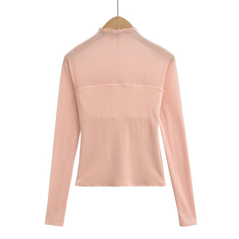 Women's Chic Sheer Mesh Spliced Long Sleeve T-shirt: Elegant Slim-fit, Sexy Base Layer Top