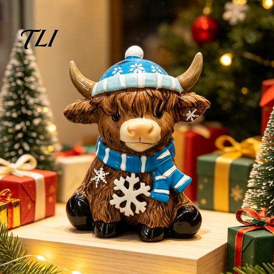 Resin Highland Cow Statue Winter Figurine, Cattle for Holiday Figurine Desk Decor, Animal Shape Ornament Home Office