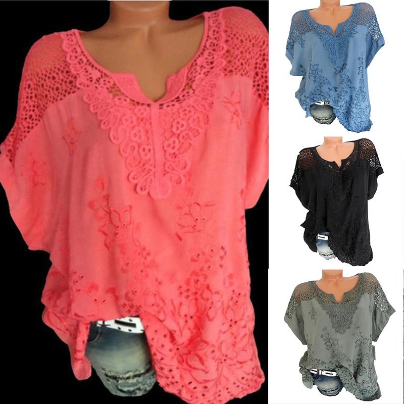 

Футболка с коротким рукавом и V-образным вырезом, блузка, мешковатая, повседневная, кружевная, полая S